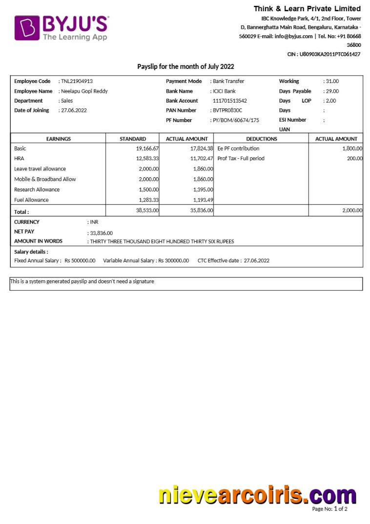 BYJU-s learning app payslip